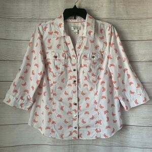Christopher & Banks Butterfly Pattern Button Up Shirt Roll Tab Sleeves Size M